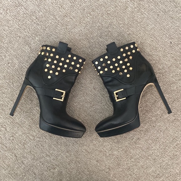 Michael Kors Bryn Gold Studded Buckle Leather Platform Stiletto Heeled Boots 7 - Picture 3 of 11